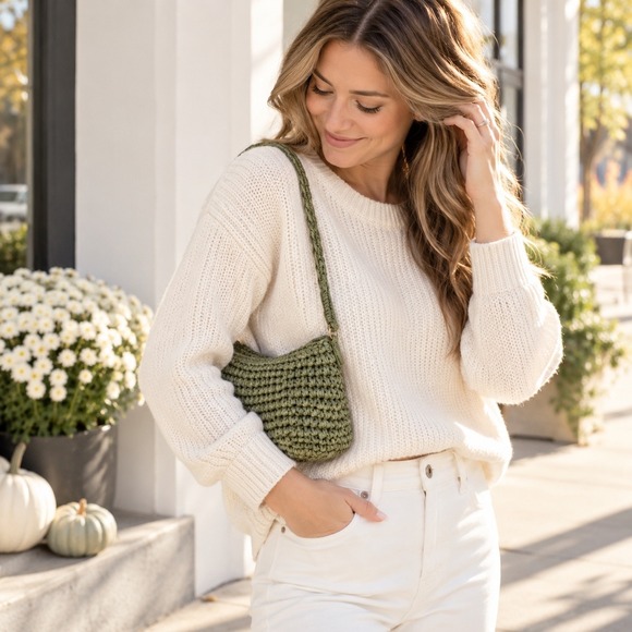 a new day Handbags - A New Day Women Olive Green Straw Crochet Shoulder Bag Baguette Zipper Closure